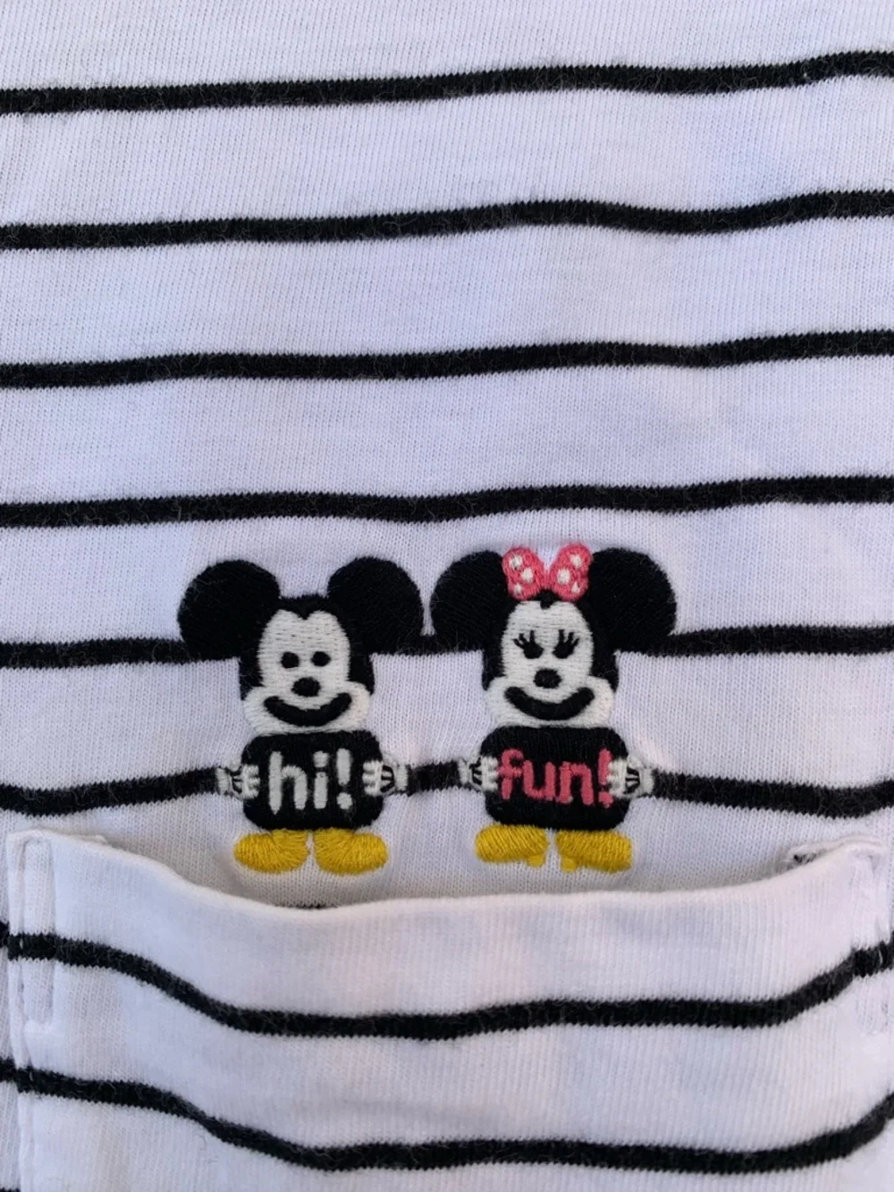 Uniqlo White & Black Striped Pocket Tee with Mickey & Minnie Embroidery - Picture 4 of 11